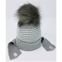 KIDS6218GREY: Baby Knitted Fur Pom Hat With Chin Strap- Grey (0-6 Months)